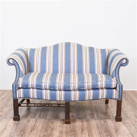 Blue Striped Camelback Chippendale Sofa Nailhead Trim Settees And