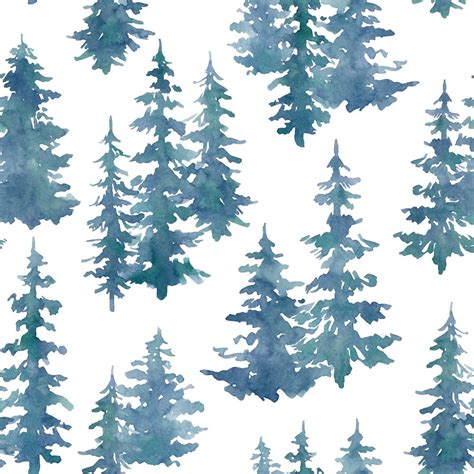 Evergreen Fir Trees Watercolor Fabric Blue