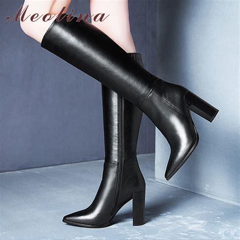 Meotina Winter Knee High Boots Women Natural Genuine Leather Thick Heel