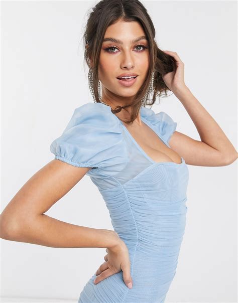 Missguided Puff Sleeve Mesh Ruched Mini Dress In Blue Lyst