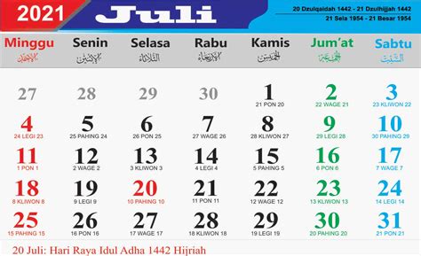 Kalender Jawa Bulan Juli 2021 Lengkap Dengan Dino Pasaran Juli 2021