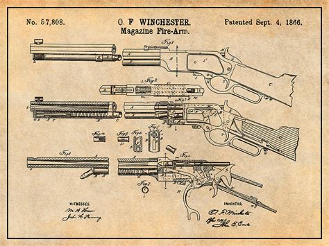 1866 Winchester Lever Action Rifle Antique Paper Patent Print Drawing