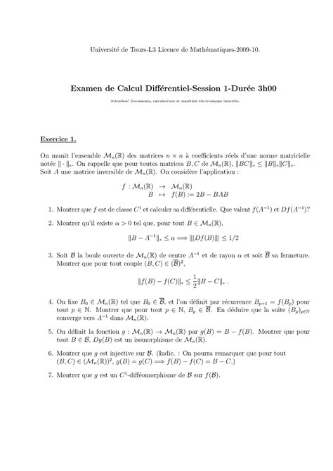 Examens Calcul Différentiel 3 Universit ́e De Tours L3 Licence De