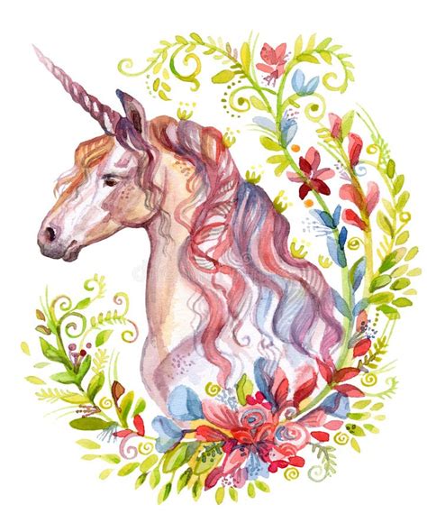 Watercolor Unicorn In Flowers 8 Stock Illustration Illustration Of