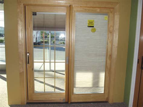 Pella Woodclad French Sliding Patio Door With Blinds Between The Glass