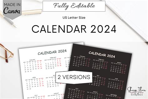 Calendar 2024 Yearly Calendar Canva Gráfico Por Sharp Flair