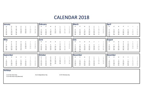 2018 Calendar Excel A4 Size Templates At