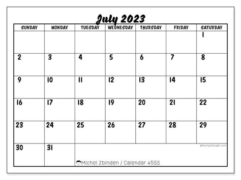 July 2023 Printable Calendar 45ss Michel Zbinden Uk