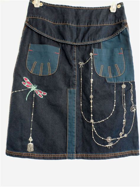 Oilily Denim Jean Skirt Bohemian Embellished Beaded Patchwork Size 38 ...