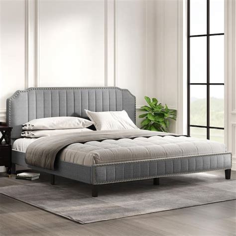 Anbazar 81 In W Modern Gray King Size Linen Upholstered Platform Bed