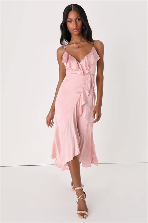 Blush Pink Midi Dress Ruffled Wrap Dress Satin Wrap Dress Lulus
