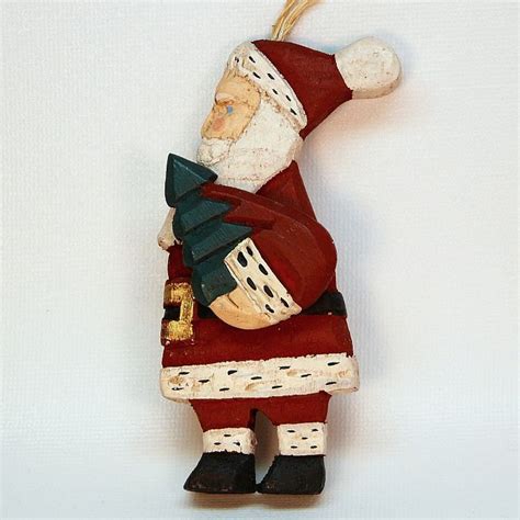 Hand Carved Wooden Christmas Ornament Santa With Tree Country Primitive