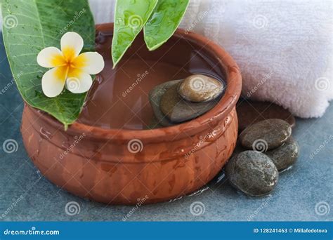 Tropical Leaves With Flower And Stones For Massage Treatment Stock Image Image Of Massage