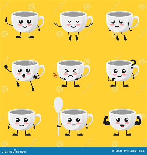 Cute Smiling Coffee Cup Set Collection Vector Modern Cartoon Face