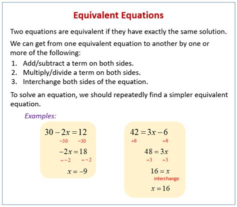The word equivalent means equal in amount. Equivalent Equations (solutions, examples, worksheets ...