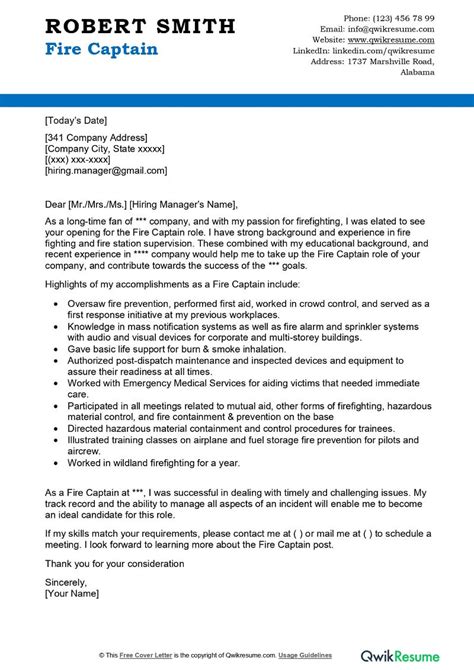 Fire Captain Cover Letter Examples Qwikresume