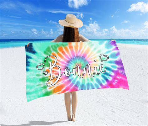 Tie Dye Beach Towel Personalized Name Rainbow Bath Towel Etsy