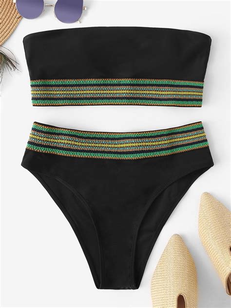 Striped Trim Bandeau Bikini Set Sheinsheinside Bandeau Bikini Set