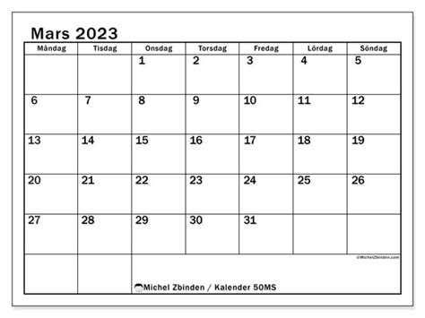 Kalender Mars 2023 För Att Skriva Ut “50ms” Michel Zbinden Se