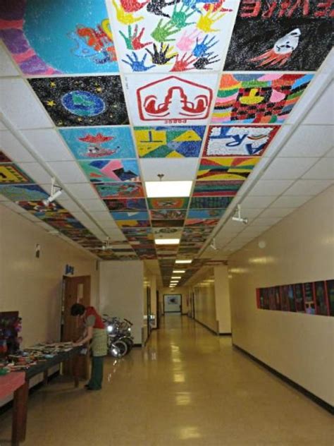 Oil paints and other combustible finishes may not be used. Image result for painted ceiling tiles in schools | mural ...