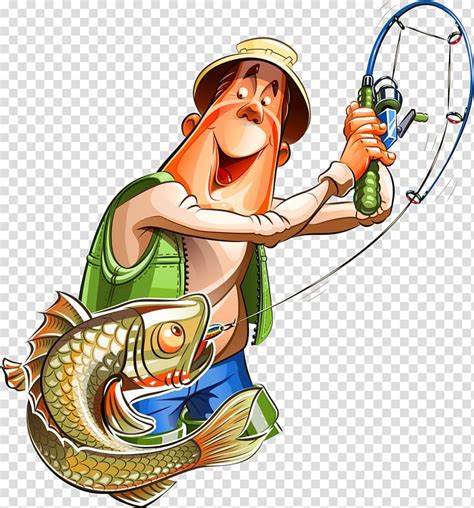 Fisherman With Hooked Fish On Line Illustration Fishing Cartoon
