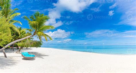Tropical Beach Background As Summer Relax Landscape With Beach Swing Or
