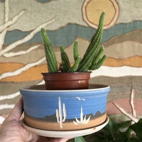 Etched Cactus Planter Blue Desert Sky Vintage Stoneware Succulent