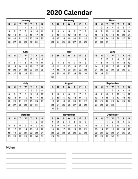 2020 Calendar One Page With Notes A Printable Calendar