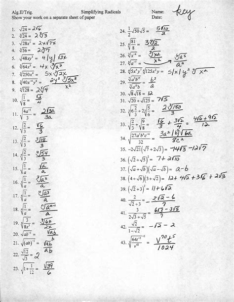 Simplifying Radical Expressions Worksheet Algebra 1 Answers Jay Sheets