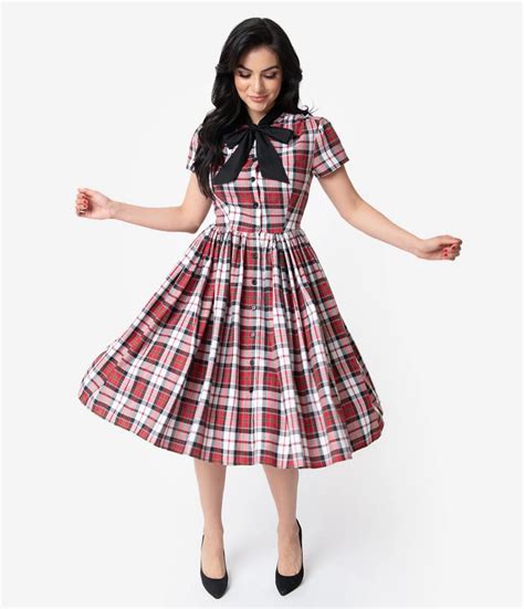 unique vintage 1950s style red plaid button up swing dress plaid dress vintage swing dress