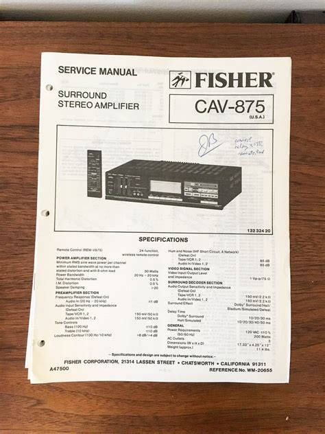 Fisher Cav 875 Amplifier Service Manual Original Vintage Audio