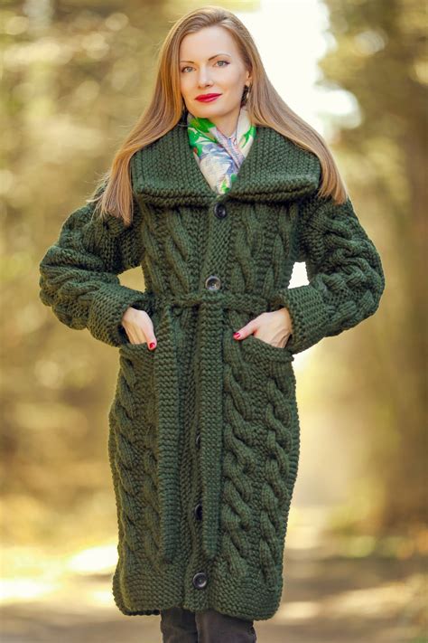 Long Green Wool Cardigan Cable Knit Sweater Coat Supertanya Ready For