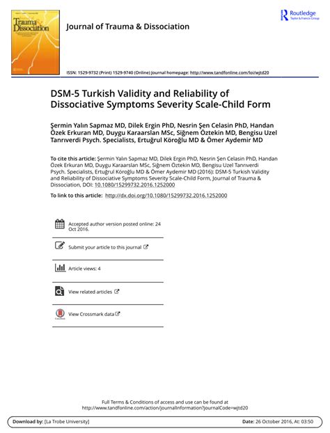 Pdf Dsm 5 Turkish Validity And Reliability Of Dissociative Symptoms