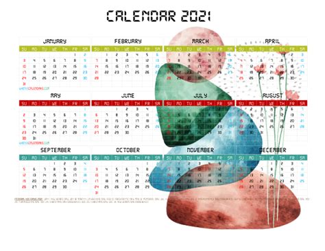 12 Printable Yearly 2021 Calendar With Holidays Watercolor Premium