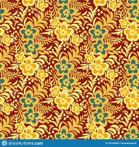 Vibrant Seamless Vector Pattern With Golden Flowers On Red Background