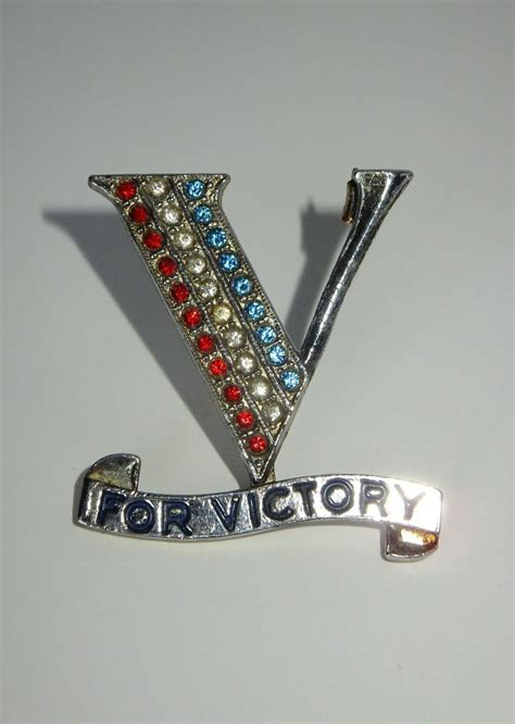 Patriotic Red White Blue Rhinestone Enamel V For Victory Brooch Wwii