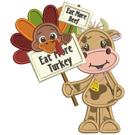 turkey holding signs eat more beef while cow is holding sign eat more turkey thanksgiving