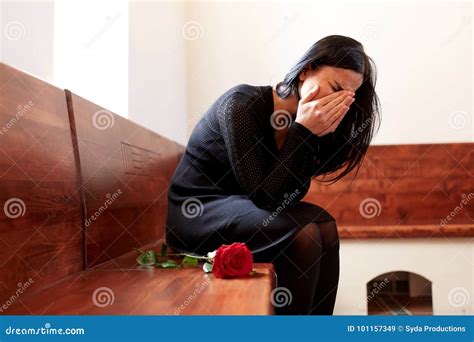 Crying Woman With Red Rose At Funeral In Church Stock Image Image Of Bereavement Grief 101157349
