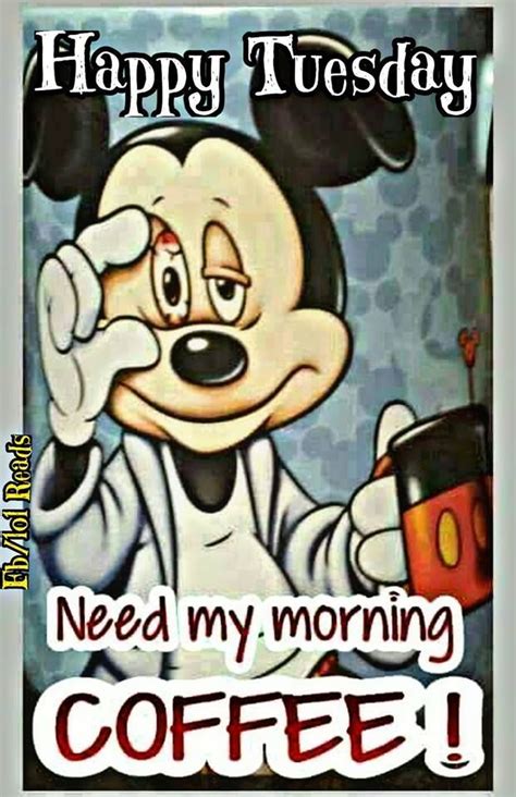 A Cartoon Mickey Mouse Holding A Coffee Cup With The Words Happy