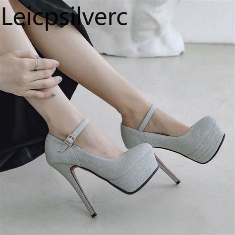 Pumps Spring And Autumn The New Fashion Round Head Shallow Mouth Buckle Sequin Fine Heel High
