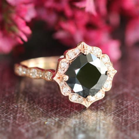 Vintage Floral Black Spinel Diamond Engagement Ring In 14k