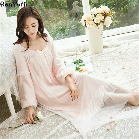 renyvtil vintage royal nightgown sleepwear women spring layers sexy lace nightgown princess long