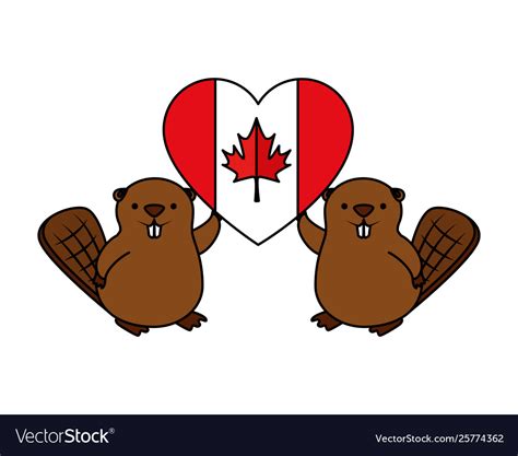 canadian flag with heart shape and beavers vector image