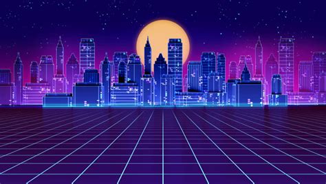 Retro Futuristicflight Over The Grid And Sunset 80s Retro Sci Fi