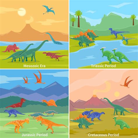 Dinosaurs 2x2 Design Concept Set Of Cartoon Compositions Of Jurassic