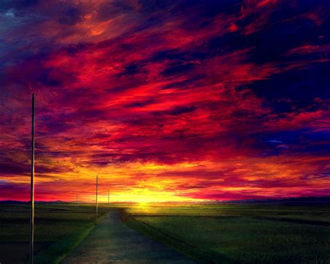 Download 1280x1024 Wallpaper Sunset Road Landscape Anime Clouds