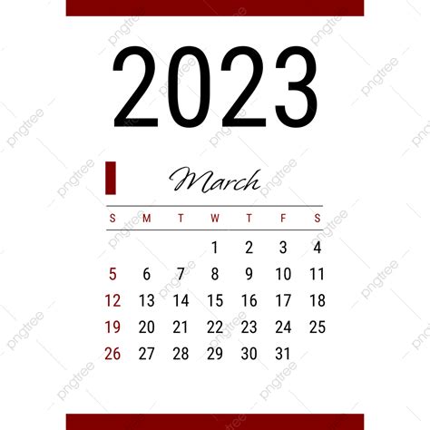 March Year Of 2023 Simple White Calendar With Red Line Calendar 2023