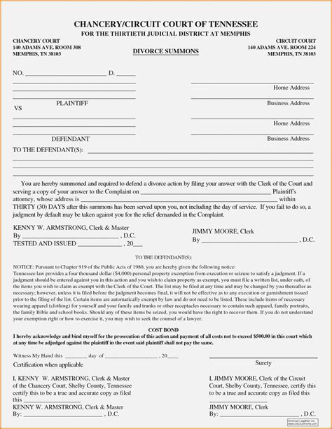 Tennessee Divorce Forms Free Templates In Pdf Word Excel To Print