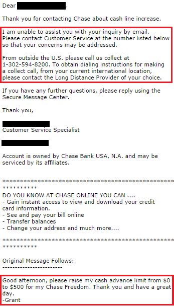 In fact, they clearly state on their website that you must call customer service. Requesting an Increased Cash Advance Limit from Chase for Online Serve Reloads