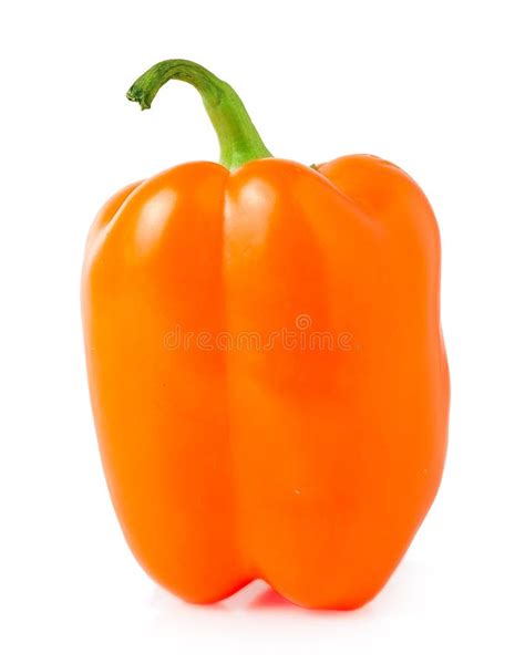 Single Orange Pepper With Green Stem Isolated On White Background Stock